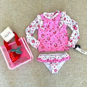 Nicole Miller 2-Piece Strawberry Rashguard Swimsuit with Jelly Bag